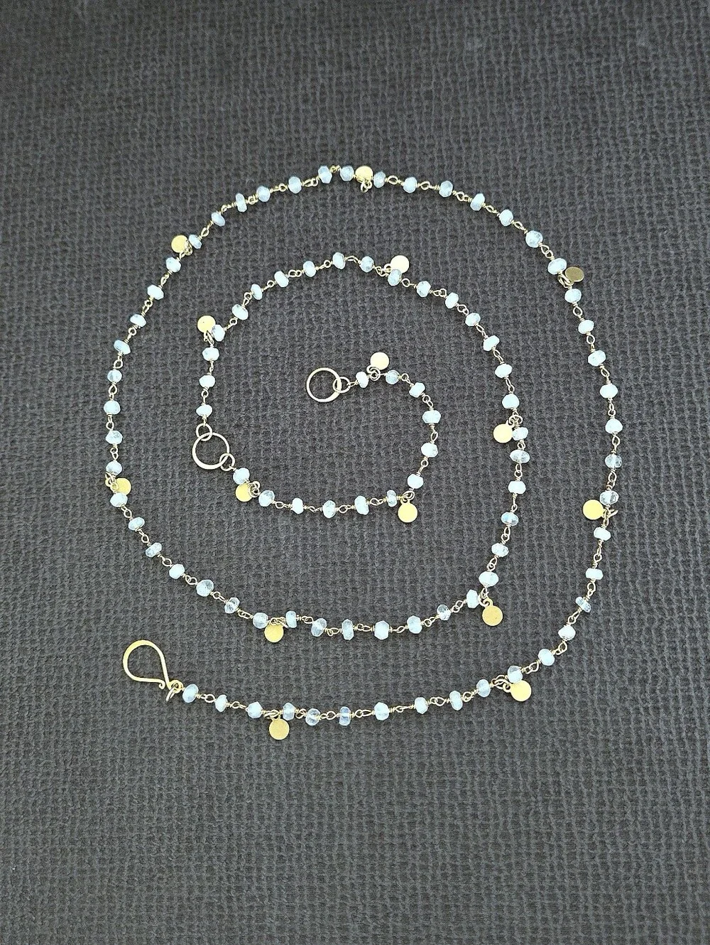Long Necklace with Stationary Moonstone🌙 Beads and Brushed🖌 Gold💛 Paddles🏓 - Picture 11 of 16